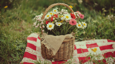 A vibrant wicker basket full of assorted wildflowers sits on a classic red and white checkered blanket, embodying a cheerful springtime picnic scene.の素材