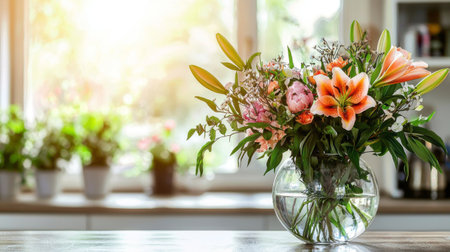A stunning display of mixed flowers in a clear glass vase sits on a wooden table. The warm natural light enhances the vibrant colors, creating a peaceful kitchen ambiance.の素材