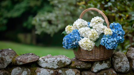 A stunning arrangement of blue and white hydrangeas in a woven basket rests against a rustic stone wall, enhancing the beauty of the serene outdoor landscape.の素材