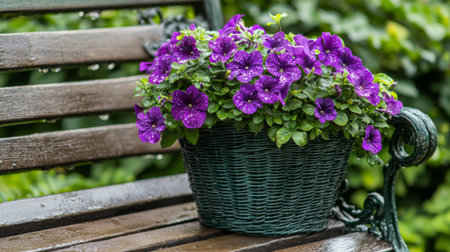 A stunning arrangement of vibrant purple petunia flowers in a woven basket rests on a wooden bench, set against a backdrop of lush greenery and gentle raindrops.の素材