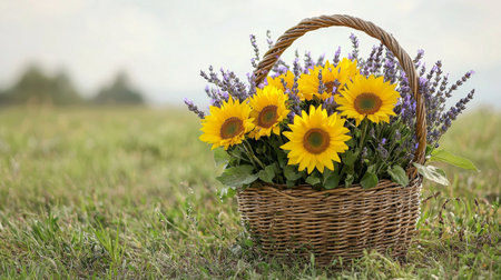 A charming wicker basket filled with vibrant sunflowers and lavender captures the essence of nature's beauty, perfect for enhancing any cheerful outdoor scene.の素材