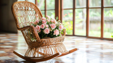 A charming wicker rocking chair decorated with a beautiful arrangement of pink roses, perfectly positioned by spacious windows for a bright and tranquil ambiance.の素材