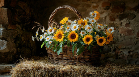 A charming arrangement of sunflowers and daisies in a rustic basket rests on straw. The warm tones and natural setting inspire floral decor ideas for any indoor space.の素材
