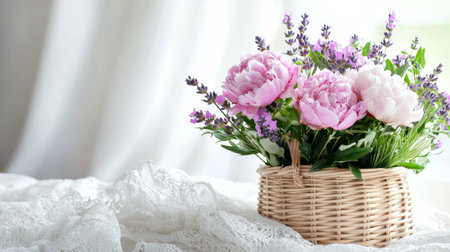 This charming arrangement features pink peonies and lavender in a wicker basket, perfect for enhancing any indoor space with natural beauty and tranquility.の素材