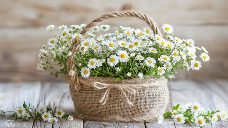 A beautiful arrangement of daisies in a rustic basket sits on a wooden table, bringing a touch of nature indoors. Perfect for decor inspiration and floral beauty.の素材