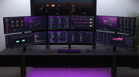 A sleek and modern trading workstation featuring multiple monitors showing dynamic stock market data and analytics against a stunning nighttime city backdrop.の素材