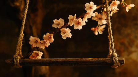 A beautiful arrangement of cherry blossoms adorns a wooden swing, encapsulating the essence of springtime and evoking feelings of tranquility and beauty.の素材