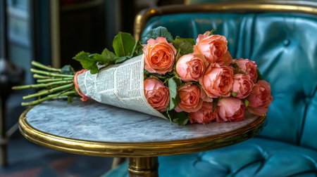 A beautiful bouquet of pink roses elegantly wrapped in newspaper rests on a marble table, enhancing the cozy atmosphere of a chic cafe with green velvet seating.の素材