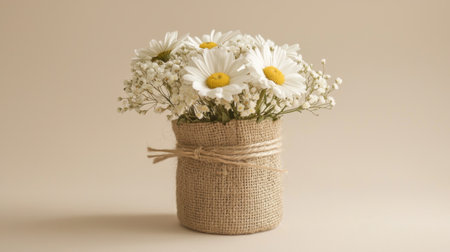 A delightful bouquet of daisies presented in a rustic burlap vase, perfect for decorating homes or creating a cheerful ambiance for events and gatherings.の素材