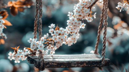 A beautiful wooden swing is complemented with delicate cherry blossoms that create a serene atmosphere, perfect for evoking a sense of tranquility and natural beauty.の素材