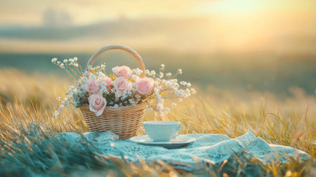 A beautiful floral arrangement with roses in a wicker basket beside a cup on a soft blanket, set in a serene sunlit meadow, perfect for tranquil moments.の素材