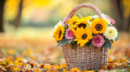 A charming basket overflowing with bright sunflowers and delicate pink flowers sits amid a blanket of golden autumn leaves, showcasing nature's beauty.の素材
