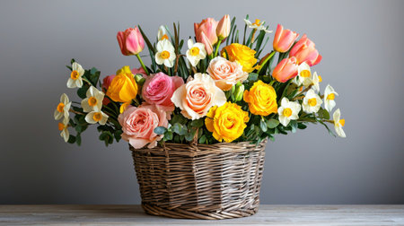 A vibrant bouquet of fresh spring flowers including roses, tulips, and daffodils meticulously arranged in a wicker basket, perfect for brightening any space.の素材