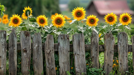 A stunning scene of sunflowers standing proudly above a weathered wooden fence, set against a vibrant green field in a sunny rural landscape. Perfect for nature themes.の素材
