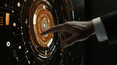 A close-up view of a human hand interacting with a futuristic digital interface, emphasizing technology, design, and advanced user interaction in a modern environment.の素材