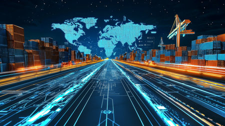 A vibrant depiction of a futuristic shipping landscape showcasing digital connectivity and bustling activity with containers, highlighting innovation in global trade.の素材