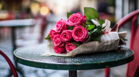 A charming arrangement of pink roses wrapped in newspaper sits on a green table in a cozy outdoor cafe, creating a lovely ambiance perfect for any occasion.の素材