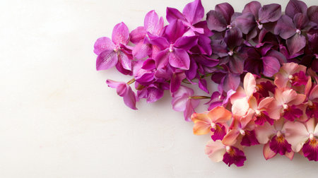 This stunning arrangement of vibrant orchid flowers in shades of pink and purple offers a beautiful visual aesthetic perfect for floral-themed projects or designs.の素材