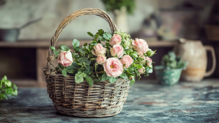 A charming vintage basket filled with soft pink roses and vibrant green foliage, ideal for enhancing rustic decor or bringing a touch of nature indoors.の素材