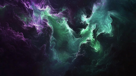 Explore the beauty of the cosmos with this vibrant depiction of cosmic clouds in shades of purple and green, perfect for digital artwork or stunning backgrounds.の素材