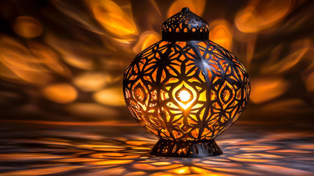 A beautifully crafted decorative lantern emits a warm glow, creating artistic patterns and shadows. Perfect for enhancing ambiance in homes or special events.の素材
