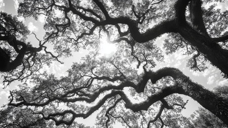 This stunning black and white photograph captures the intricate branches of trees, showcasing a beautiful interplay of shadows and light, ideal for nature lovers.の素材