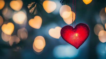 A vibrant red heart ornament dangles from a pine tree branch, surrounded by soft glowing lights that create a romantic and enchanting atmosphere perfect for celebrations.の素材