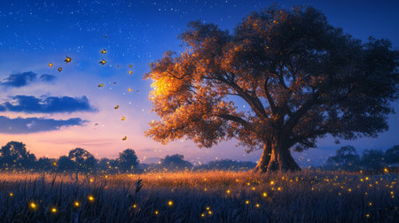 Discover a tranquil evening scene featuring a majestic tree surrounded by glowing fireflies under a starry sky at twilight, evoking serenity and natural beauty.の素材