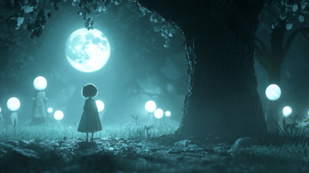 A serene night scene in an enchanted forest featuring a solitary girl in a white dress, illuminated by glowing lanterns beneath a bright full moon.の素材