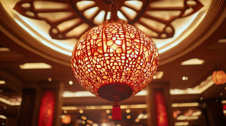 This stunning red lantern showcases intricate design details, radiating warm light in an elegant interior setting, perfect for festive celebrations or cultural events.の素材