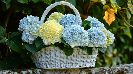 This lovely image captures a woven basket filled with soft blue and yellow hydrangeas, set against lush greenery, evoking a serene garden atmosphere.の素材