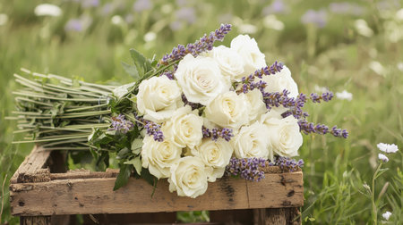 Beautiful arrangement featuring white roses and lavender on a rustic wooden crate in a sunlit field, perfect for floral decoration, events, or photography.の素材