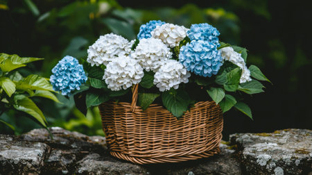 A stunning arrangement of white and blue hydrangea flowers in a woven basket, placed gracefully on a stone surface amidst lush green foliage, perfect for nature lovers.の素材