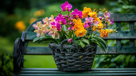 A stunning display of colorful orchids arranged in a rustic basket sits gracefully on a wooden bench in a lush garden, creating a peaceful and vibrant outdoor setting.の素材