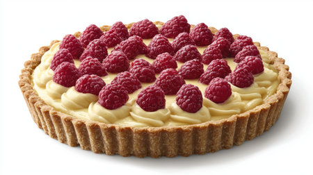 A tempting raspberry tart featuring a creamy filling and a crisp crust, beautifully garnished with fresh raspberries, an ideal dessert for warm weather gatherings.の素材