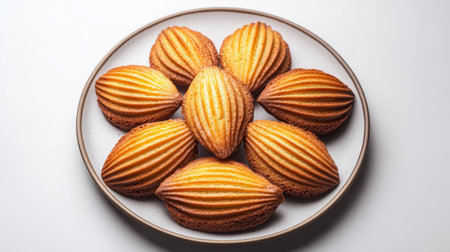 Enjoy a visually appealing display of delicious madeleines arranged on a plate, showcasing the golden crust and unique texture, perfect for any dessert loverの素材
