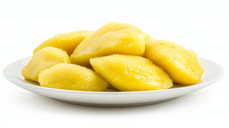 Bright and vibrant yellow mango slices arranged neatly on a white plate, ideal for healthy eating or as a sweet dessert, showcasing the tropical essence.の素材