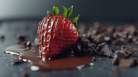 A vibrant strawberry covered in rich chocolate sauce sits atop dark chocolate pieces, creating a tempting scene perfect for food photography and dessert lovers.の素材