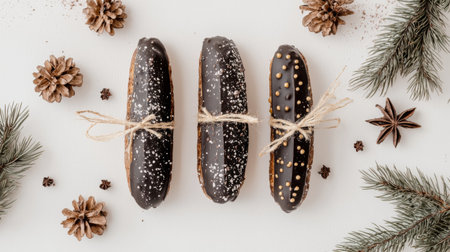 Delight in these festive chocolate-dipped treats, elegantly tied and paired with natural pinecones and greenery, perfect for winter celebrations and holiday gatherings.の素材