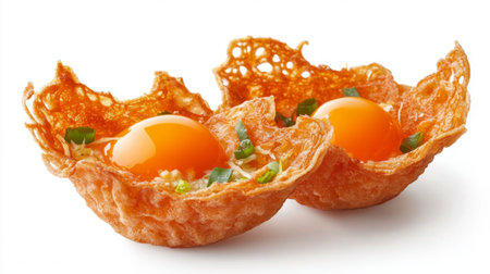 Discover a unique culinary creation featuring crispy egg baskets filled with vibrant yolks and a hint of green onion, perfect for gourmet food presentations.の素材