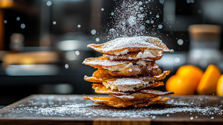 A beautifully arranged stack of crispy pastries filled with cream and dusted with powdered sugar, capturing the essence of delightful homemade desserts in a warm kitchen setting.の素材