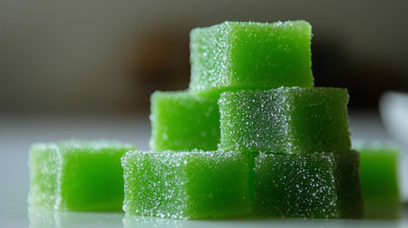 Discover a visually appealing arrangement of shiny green jelly cubes showcasing a delightful dessert. The soft focus background enhances the vibrant colors of this sweet treat.の素材