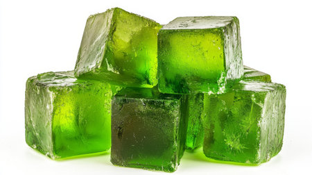 A stack of fresh green jelly cubes displayed on a clean white background, showcasing their vibrant color and glossy texture. Perfect for culinary projects!の素材