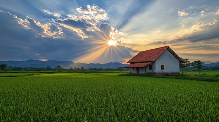 A picturesque rural scene featuring a charming house beside a lush rice field, illuminated by radiant sunlight breaking through dramatic clouds at sunset.の素材