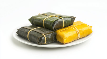 Delve into the essence of tradition with these beautifully wrapped rice dumplings held in banana leaves, offering a colorful and appetizing visual for food lovers.の素材