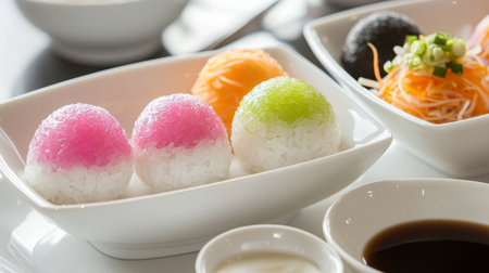 A stunning presentation of colorful Japanese rice balls in vibrant pink, green, and orange resting elegantly on a plate, showcasing culinary creativity and freshness.の素材
