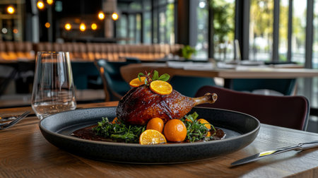 A beautifully presented roast duck leg exuding succulent flavors, garnished with fresh herbs and vibrant citrus fruits, showcased in a modern restaurant ambiance.の素材