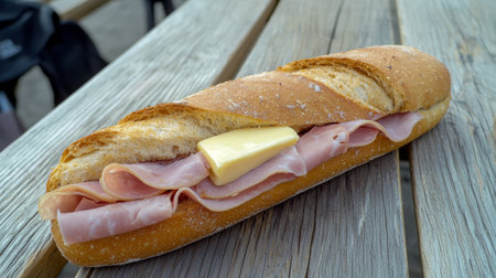 This image features a delicious sandwich made with ham and butter, resting on a rustic wooden table, ideal for outdoor picnics and casual dining experiences.の素材