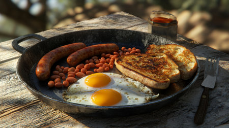 A mouthwatering breakfast presentation featuring eggs, sausages, beans, and toast served in a cast iron skillet against a beautiful outdoor backdrop.の素材