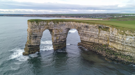 A breathtaking aerial perspective showcasing a magnificent natural ocean arch surrounded by vibrant waters and dramatic cliffs under a beautiful sky.の素材